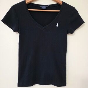 Vintage‎ Ralph Lauren Sport Baby Tee Sz M V Neck Pony Logo Y2KFitted Top Preppy